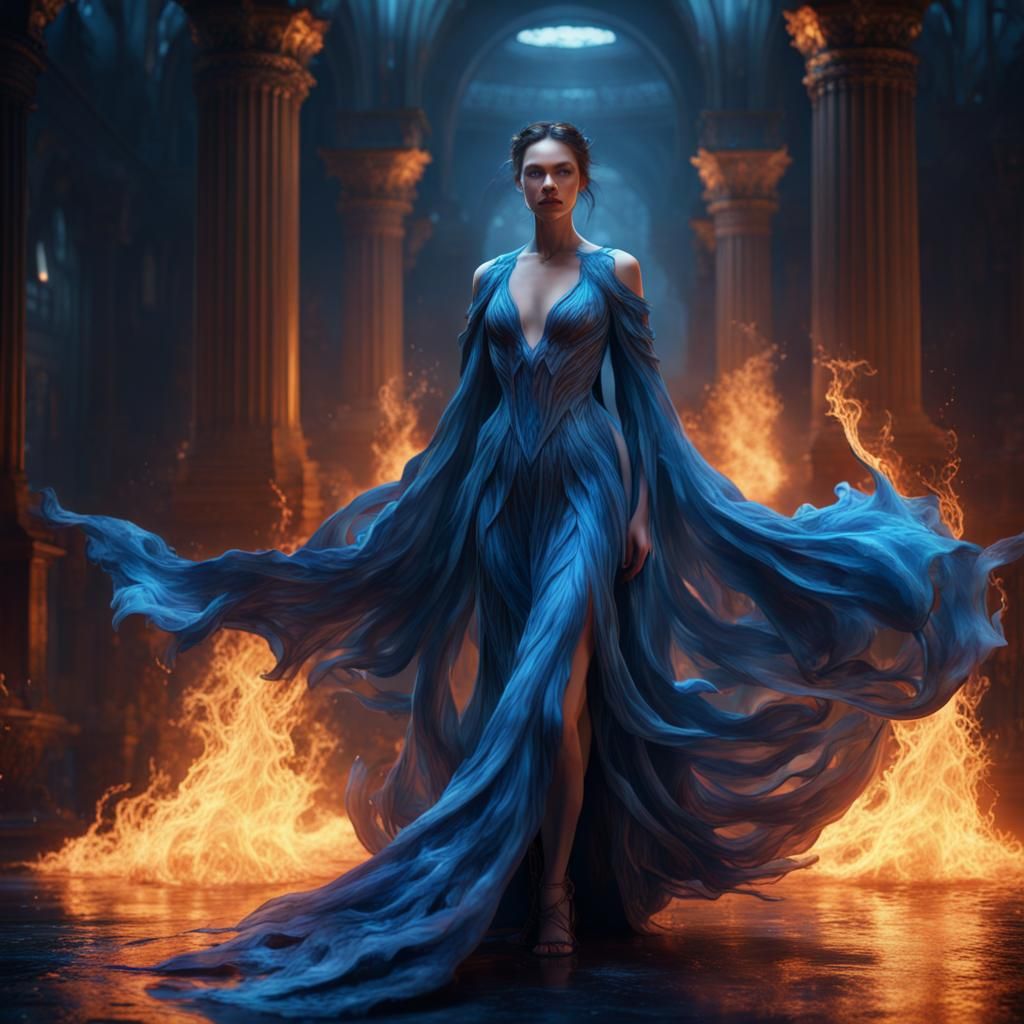 Woman wearing flowing gown made of blue flames  by @bashfulglowfly