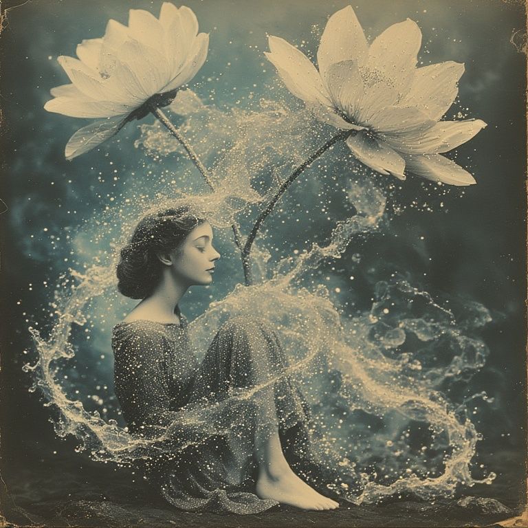 crouches beneath a large, vividly realistic flower