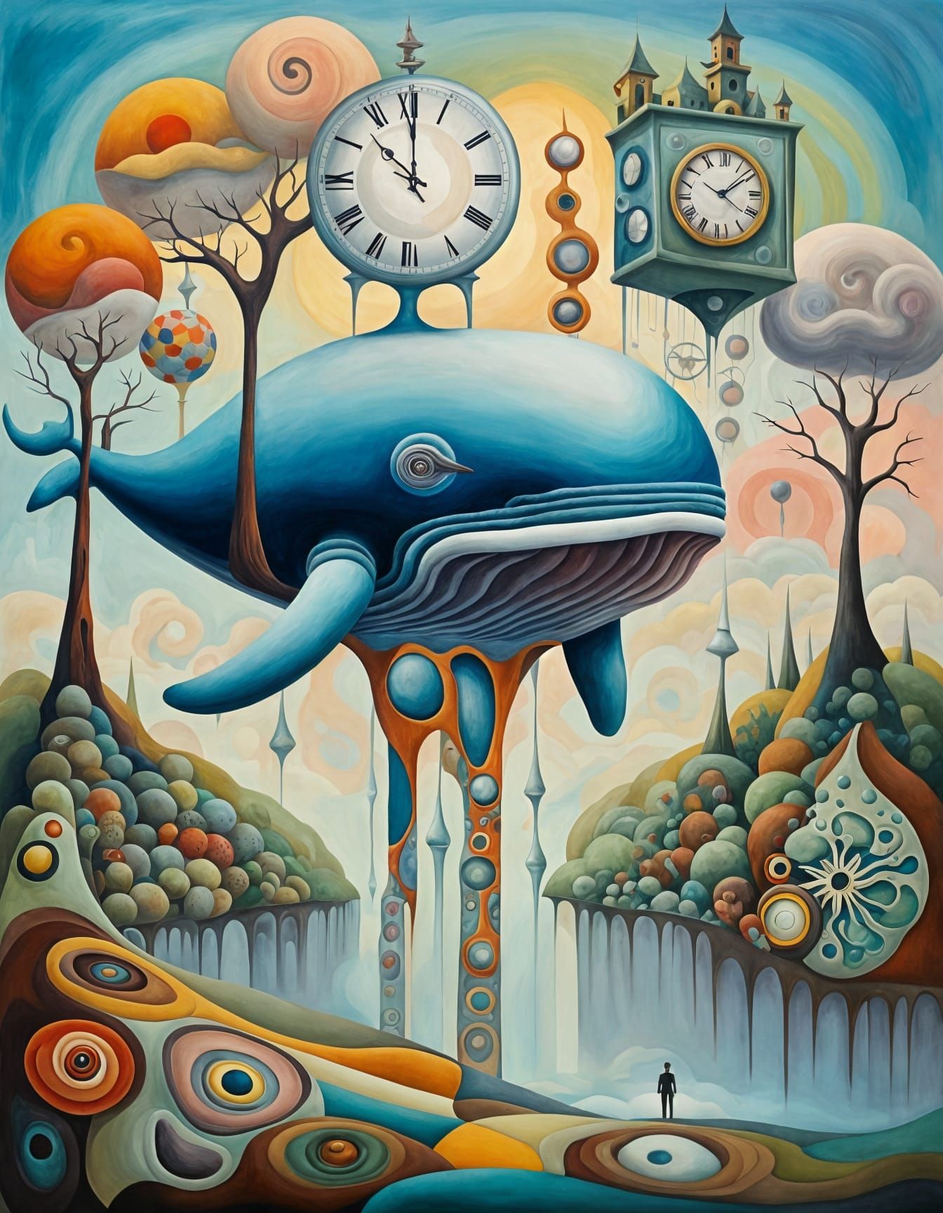 A surreal whale floating in an abstract patch work landscape...