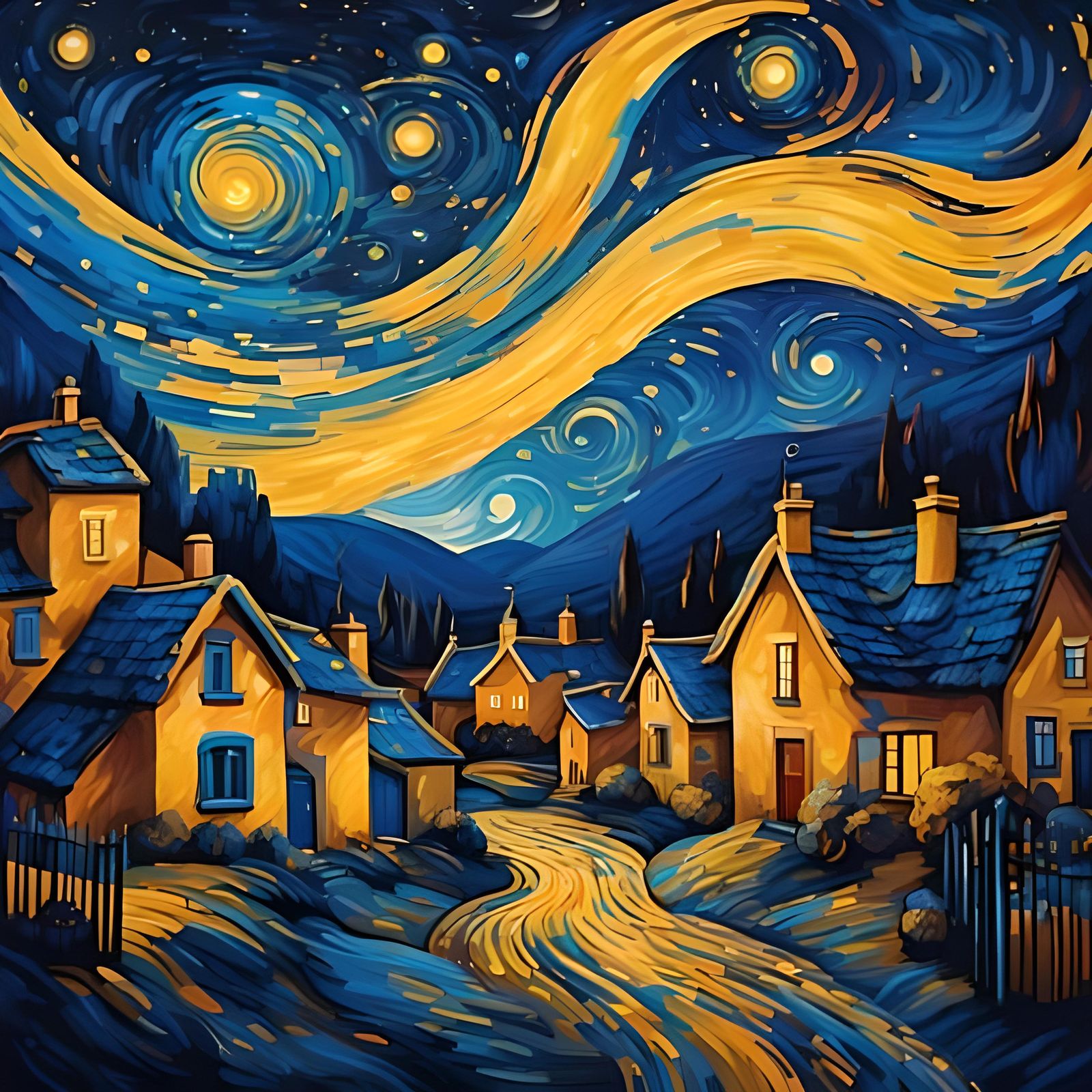 Village at Night Van Gogh Style