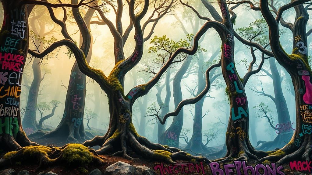 Graffiti foggy forest