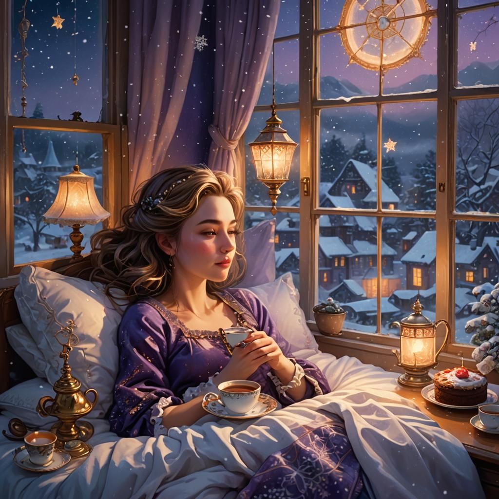 Cozy Snowfall: Woman in Bed with Tea