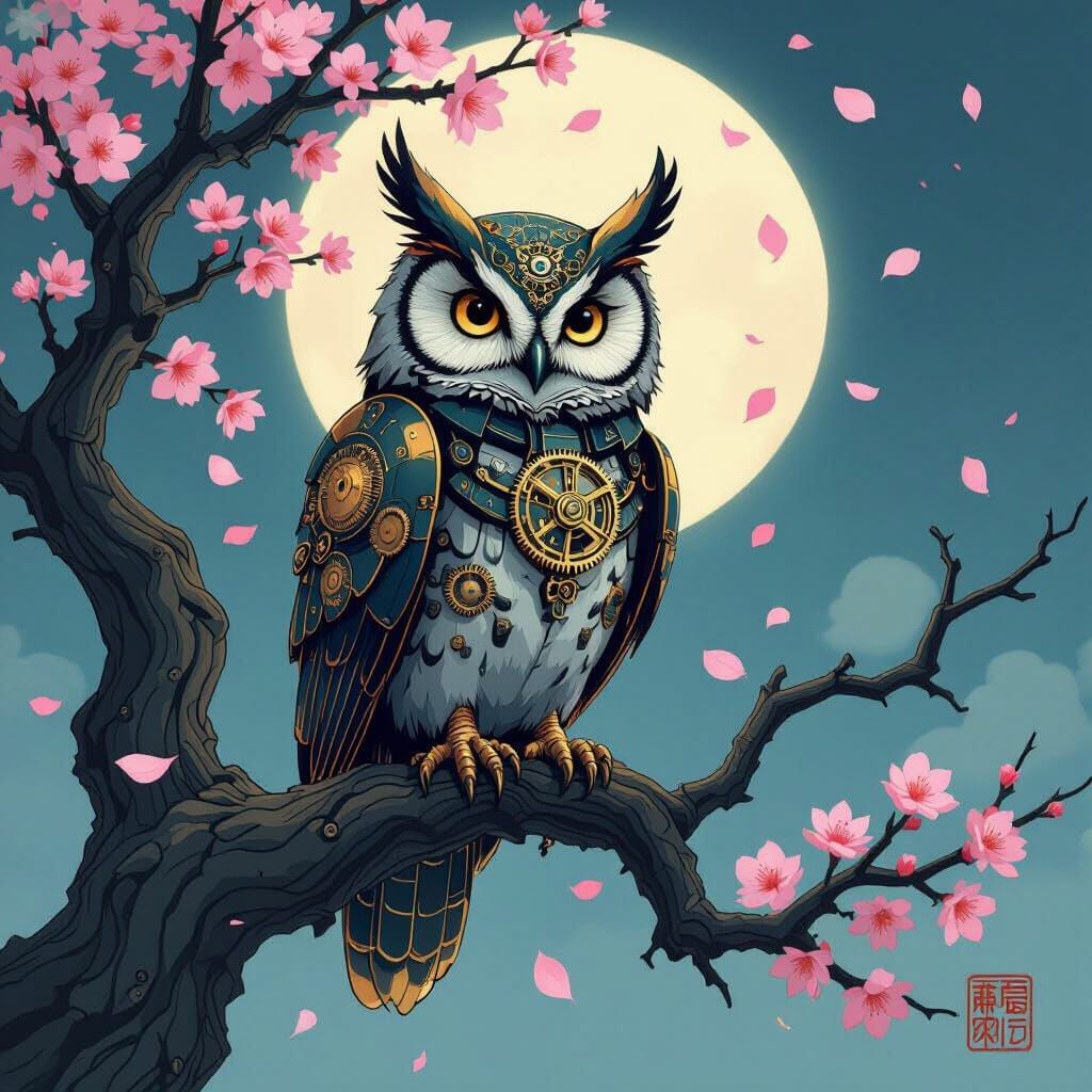A majestic clockwork owl with intricate gears and brass plating, perched on a gnarled, ancient branch of a Sakura tree. ...