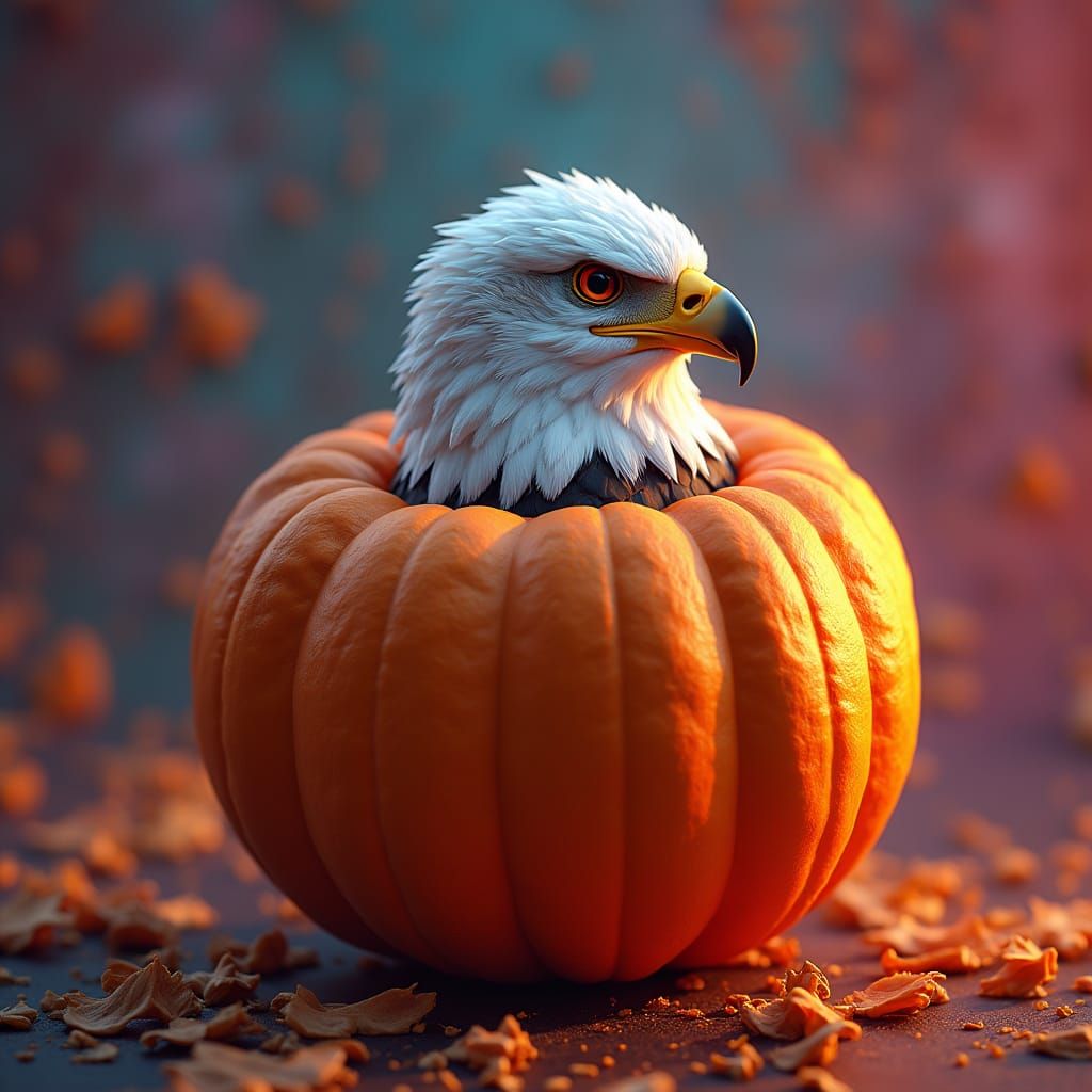 Eagle and Pumpkin Portrait in Hyper-Realistic Style