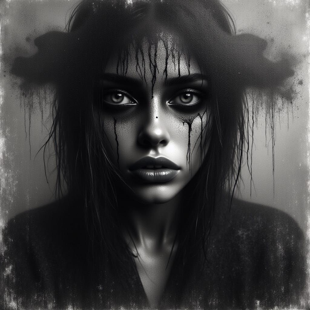 <lora:HRH-Rain-Woven:1.0> Hyper realistic grunge ink and watercolour aged black canvas a dramatic demonic ai portrait. Chiaroscuro