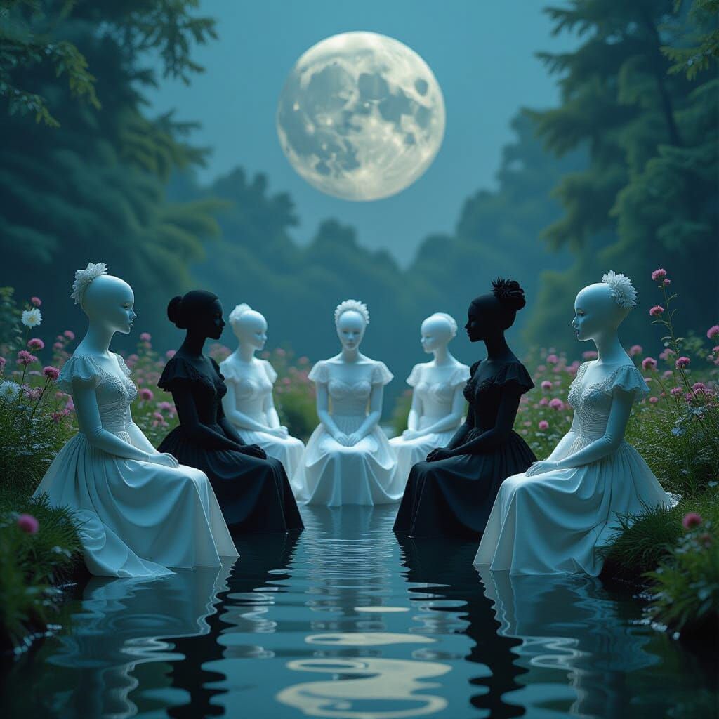 Eerie Garden with Mannequins and Moonlit Reflection