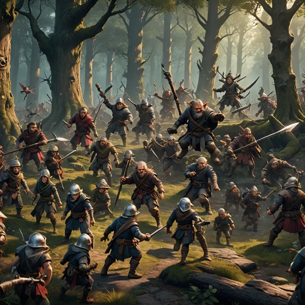 Adventure party in battle with halfling bandits in forest