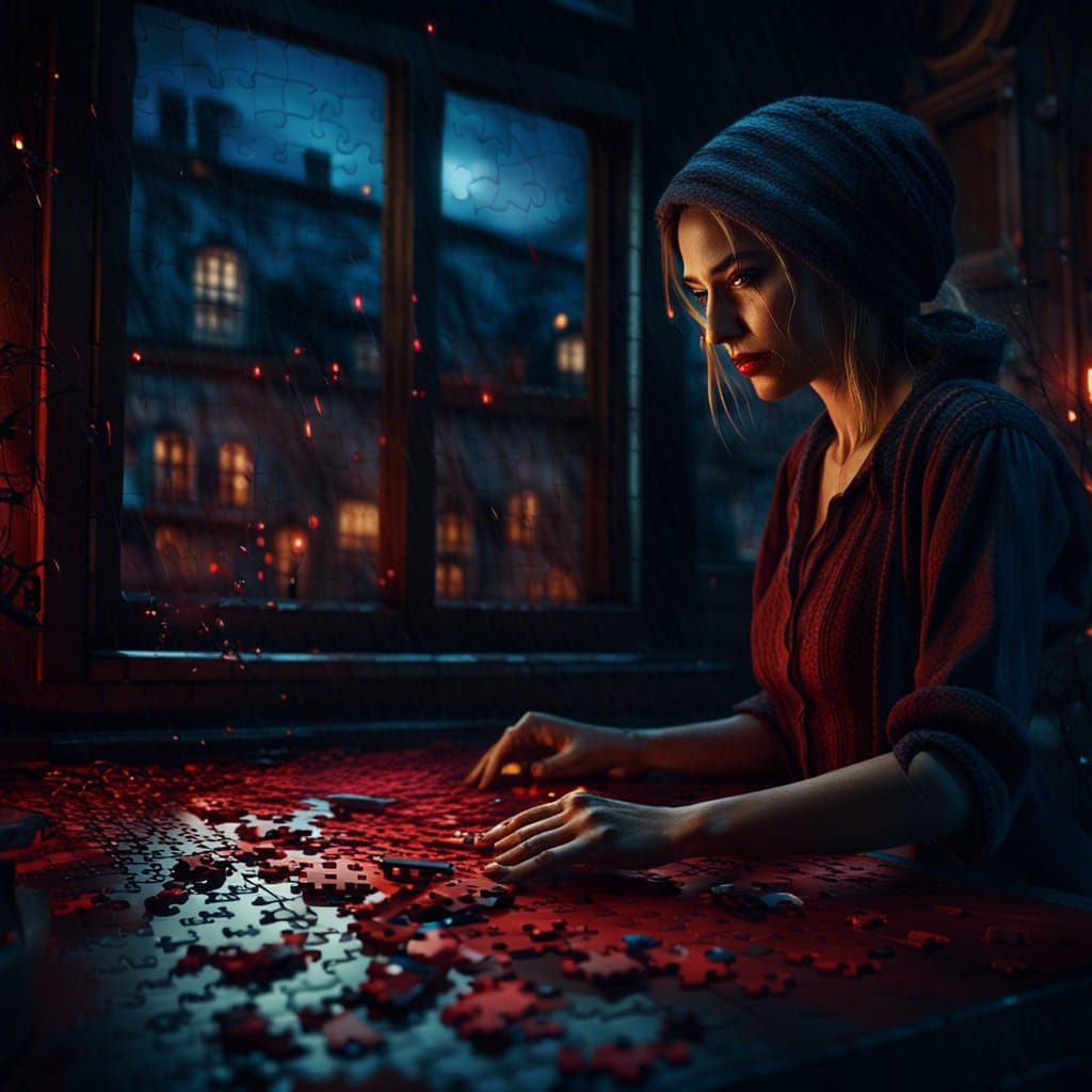 Puzzle of a woman doing a puzzle at night. One piece is missing. The face of her murderer behind the ...  by @ophelia22