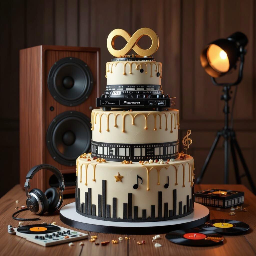 A large, multi-tiered 3D birthday cake for a DJ, designed in a realistic and elegant style. The cake consists of several stacked layers, eac...