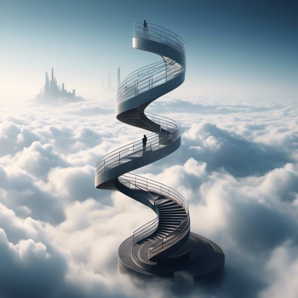  <lora:SDXL-WETA-FX:1.0> A staircase spiraling into the clouds, leading to an unseen destination