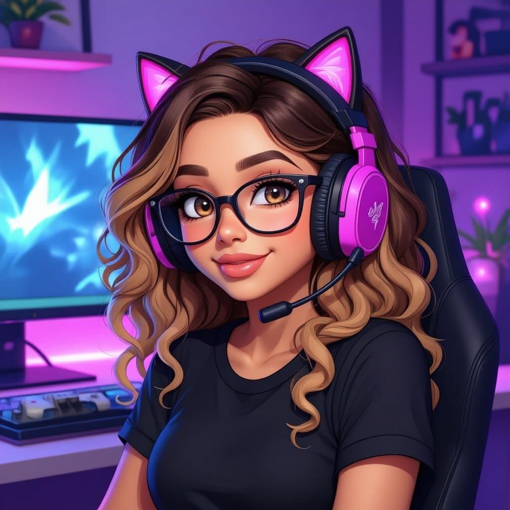 A semi-realistic animated portrait of a playful female gamer who is half English and half Jamaican , a light mix race skin tone with brown e...