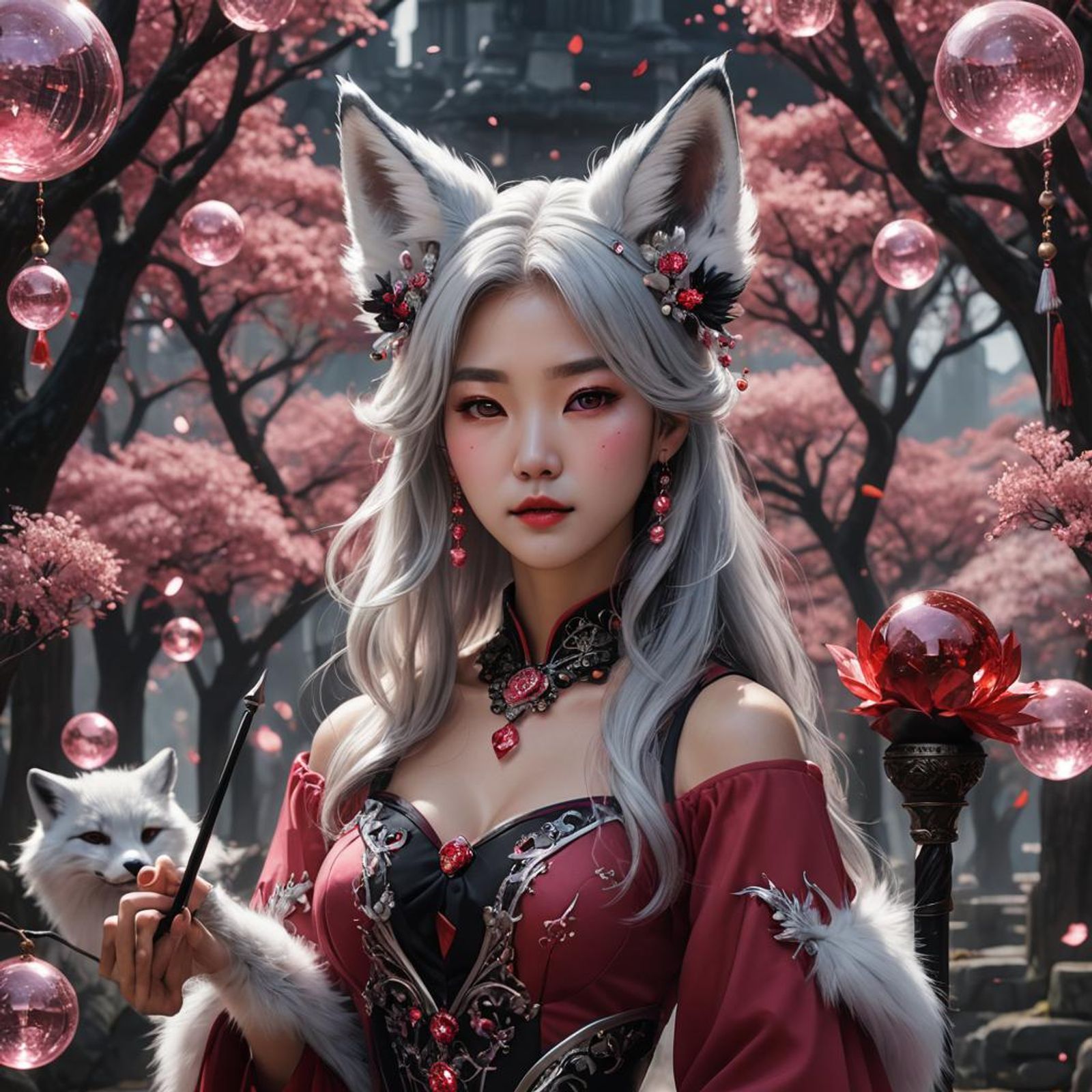 korean lady silver hair red dress pink crystals black glass ball magic