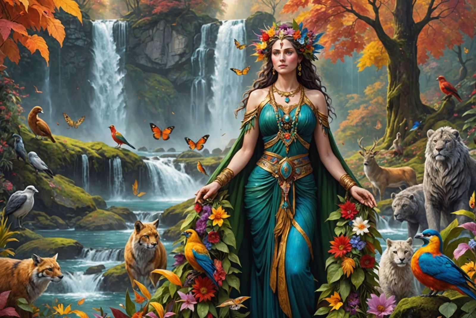 A middle-aged Goddess of Nature wrapped in colorfull Leaves,...