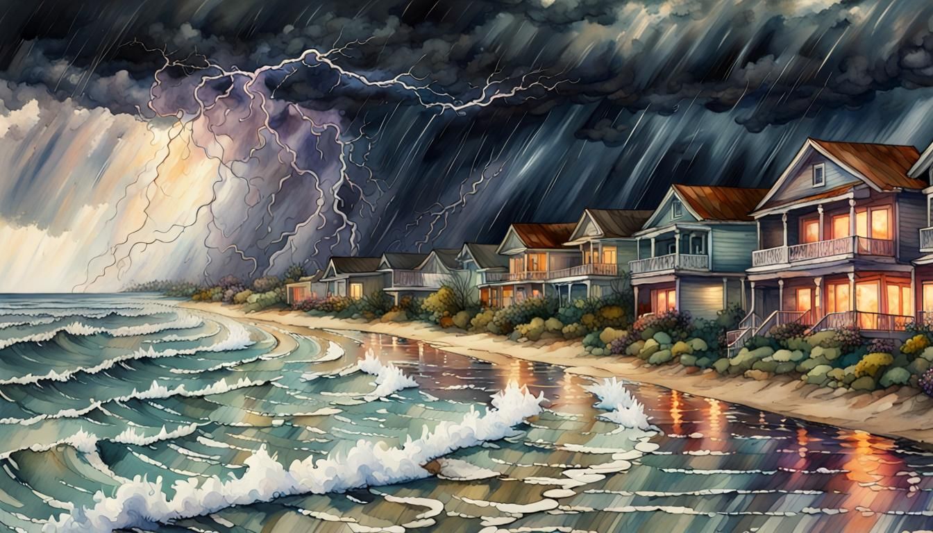 A long shot of a dark heavy thunder storm over a ocean