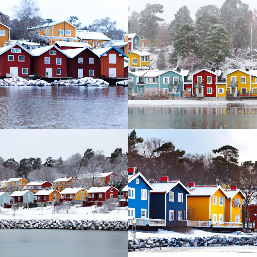 Swedish red yellow blue colored houses near water snow-cower...