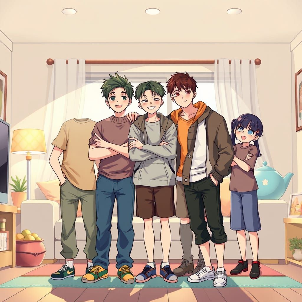 Anime Style: United Family in Cozy Living Room
