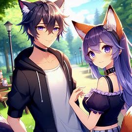 Elias and Kemi (kemi's real hair color is navey blue and Elias is purple)