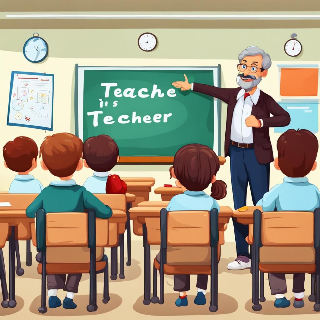A cartoon teacher is teaching in front of the board