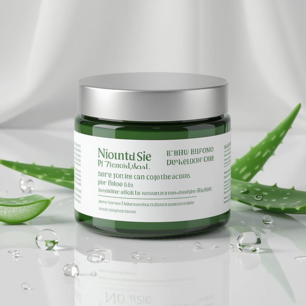 A highly realistic product photo of a luxurious jar of NUVANA Pure Aloe Vera Gel, filled with light green translucent gel, shown on a clean ...