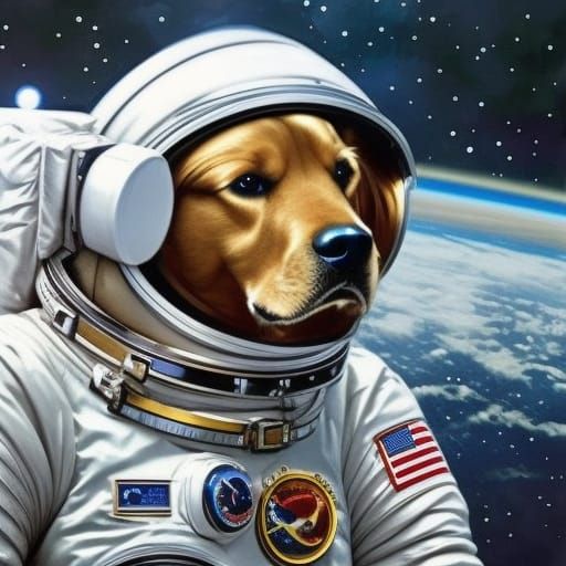 A golden retriever in space