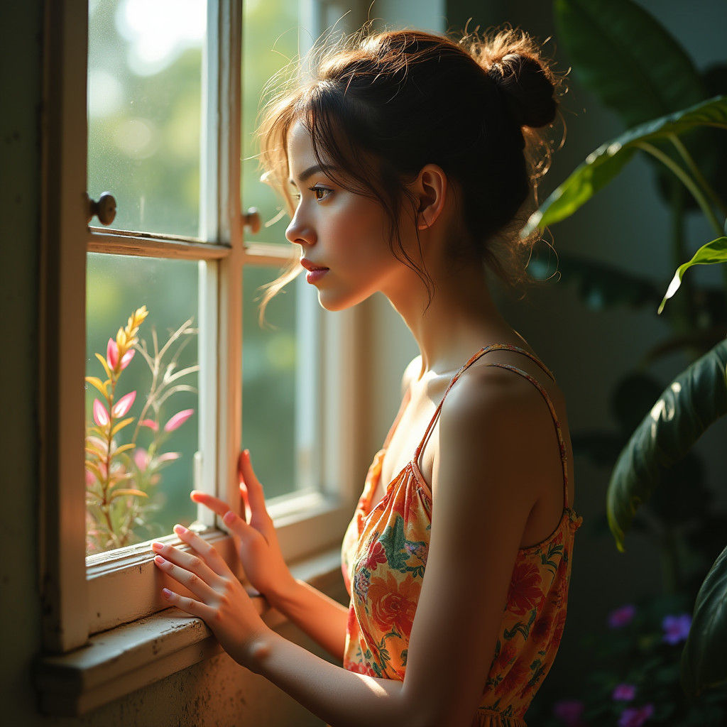 Contemplative Woman in Floral Dress at Window