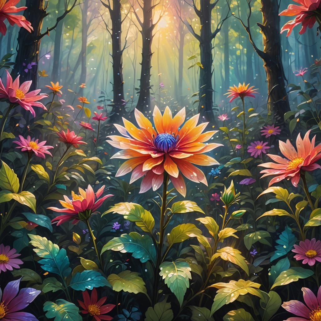 Vibrant Flower Blooms in Mystical Forest as Oil Painting