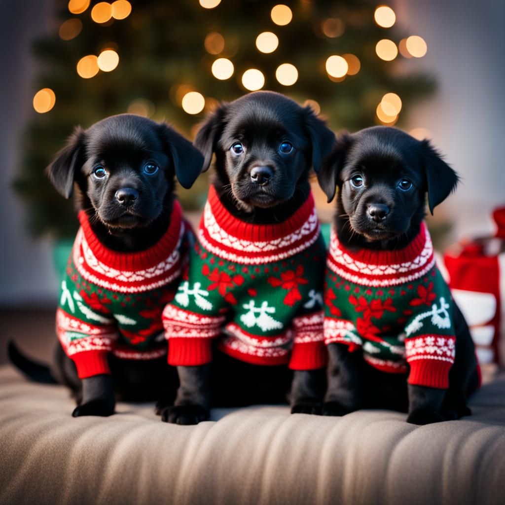 3 black puppies sitting with matching Christmas sweaters.  by @Magic