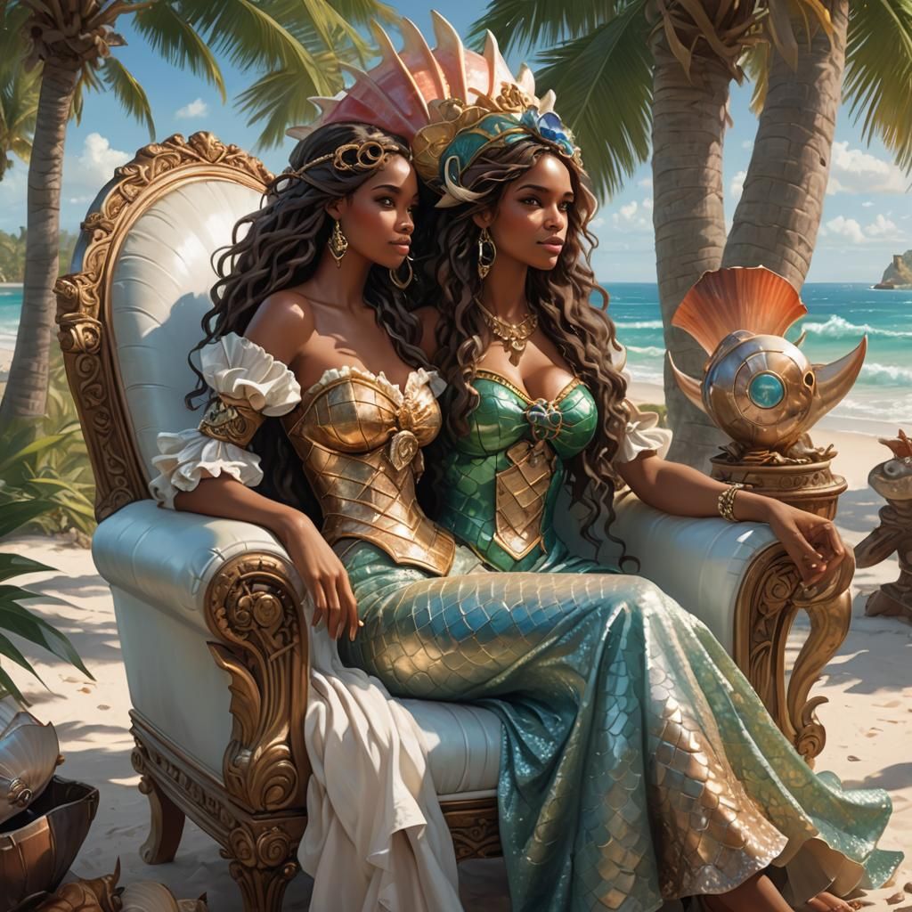 Gorgeous mermaids sitting comfortably in a luxurious armchai...