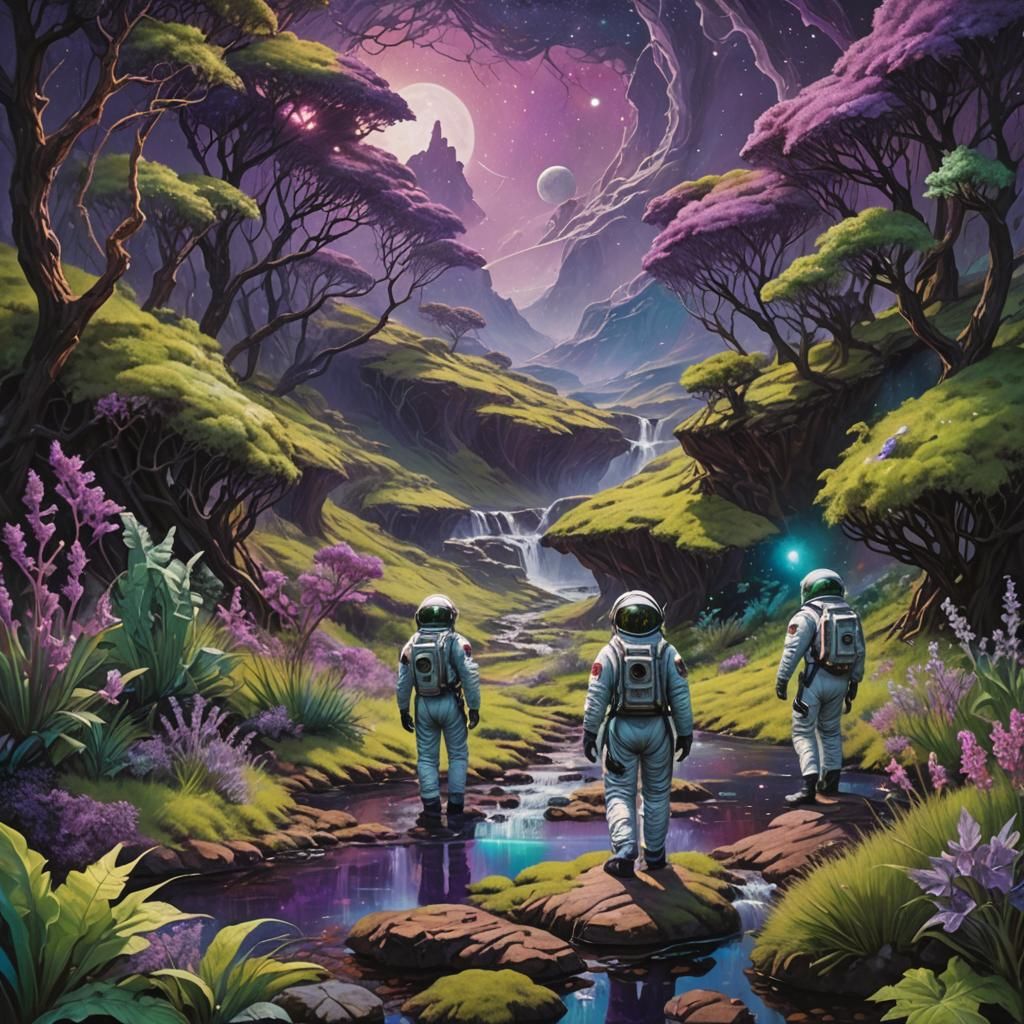 Men in space suits exploring an alien landscape with purple ...