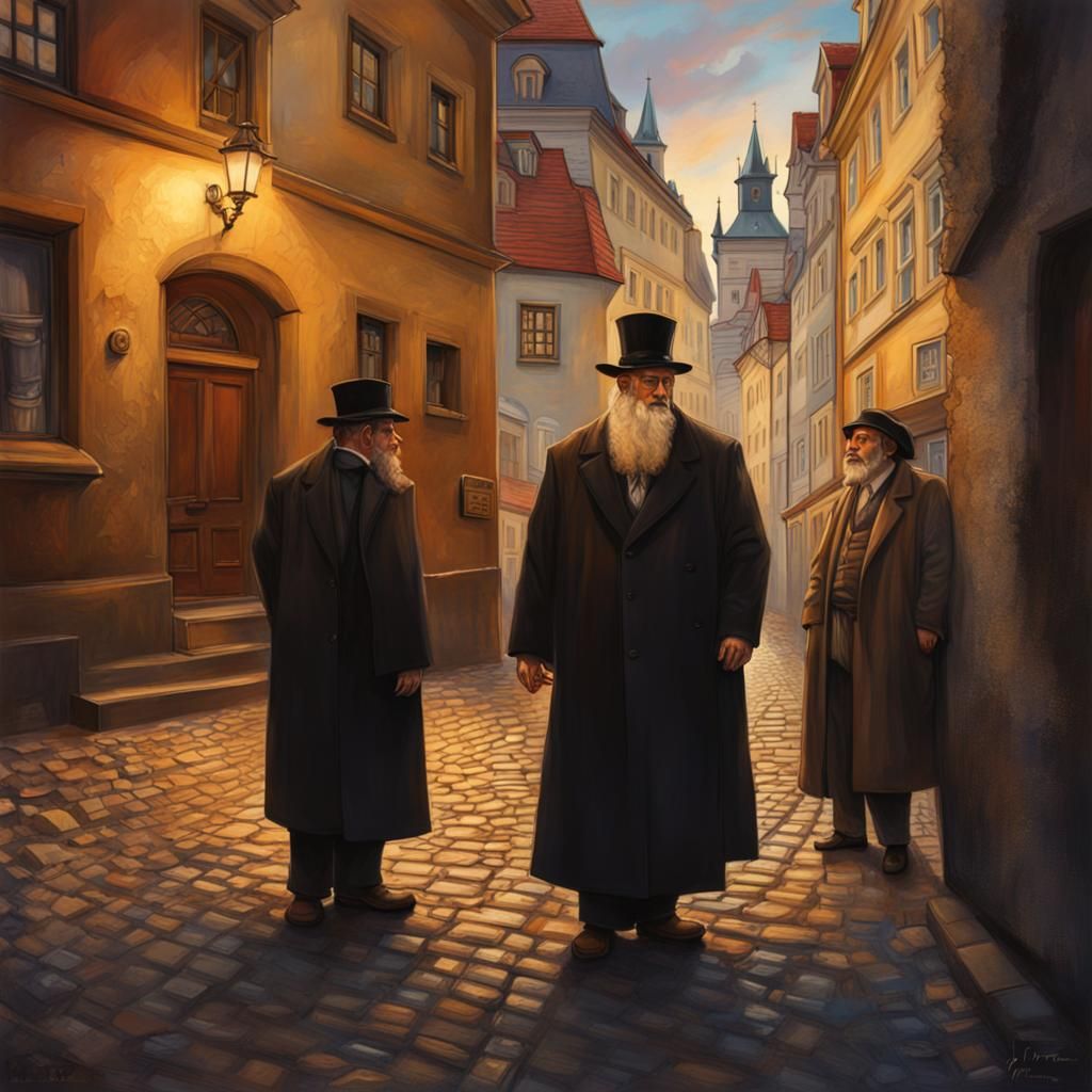 A depiction of the Jewish quarter in Prague with Golem and r...