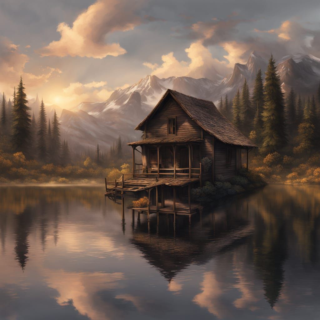 Cozy Cabin Porch at Sunset in Matte Painting Style