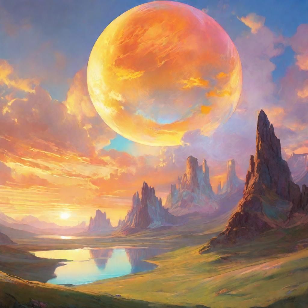 Iridescent Sphere Over Dreamlike Landscape in Art Nouveau St...