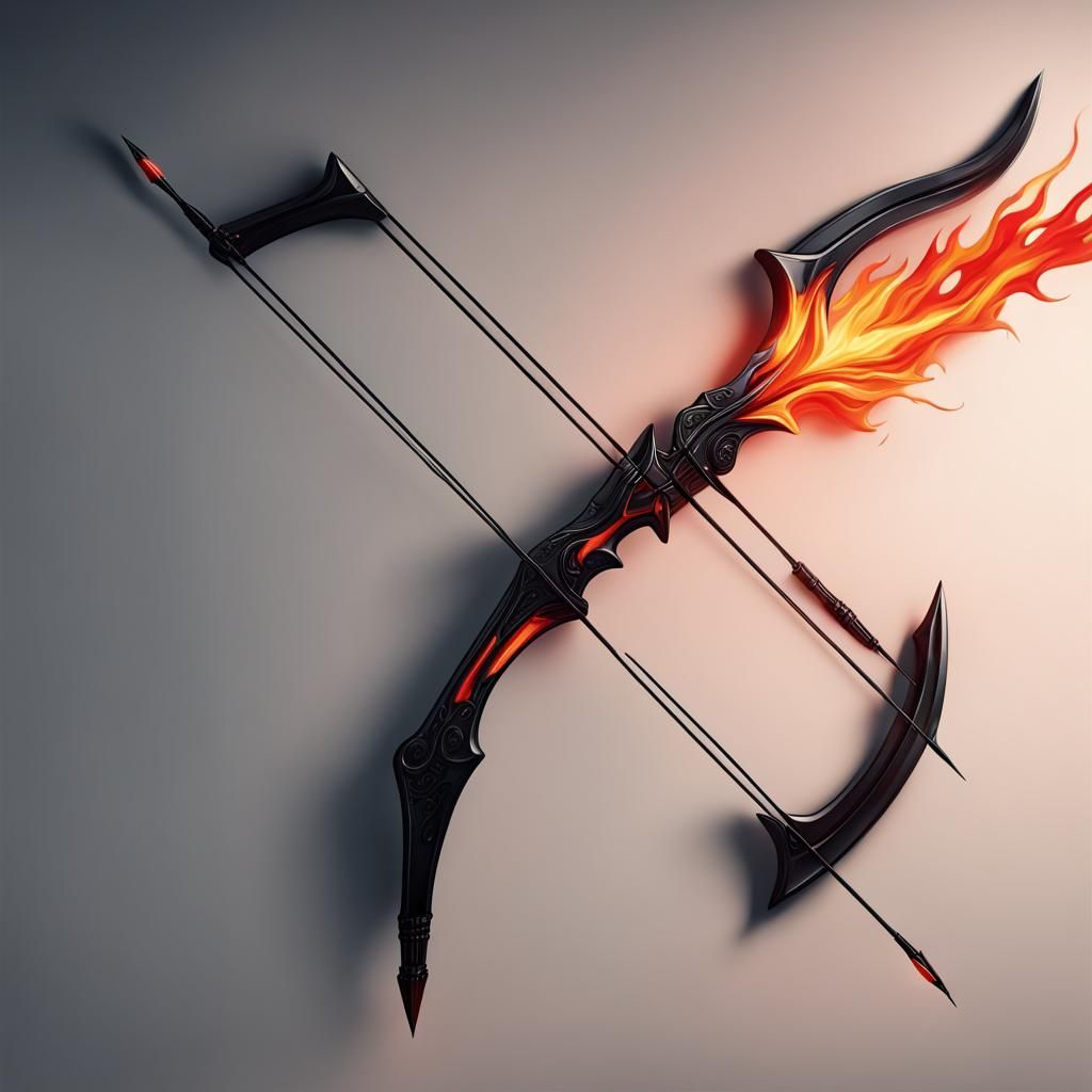 Sleek, black bow and arrow, with red flames, hanging, alone on a wall