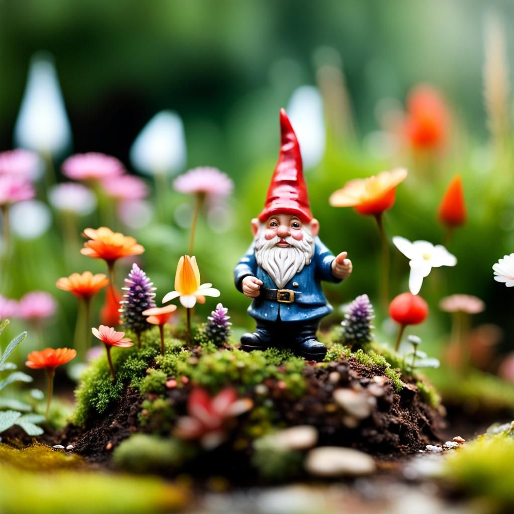 Miniature garden looking up at garden gnome :: by artist 