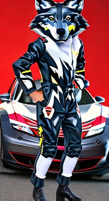Wolf wearing car racing suit