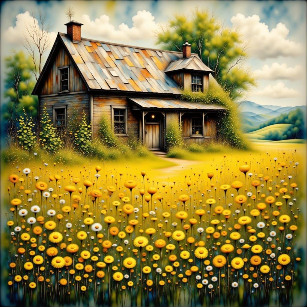 A farmhouse surrounded by a field of dandelions  by @ChronoScribe