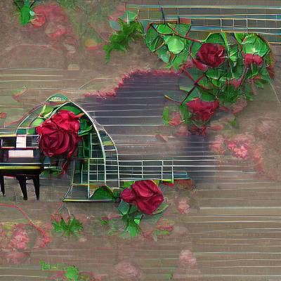 Grand piano in a greenhouse overgrown with roses 8k resoluti...