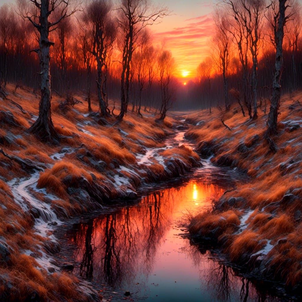 <lora:Lights Camera Action:1.0> Fine oil hyper realistic oil painting. Vivid sunset over a forest lined creek. Mesmerising breathtaking beau...