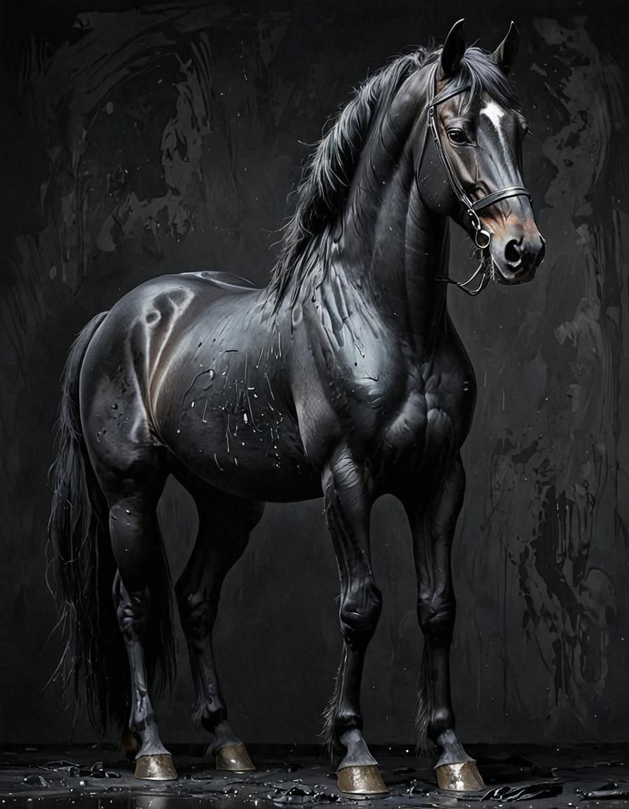 painting, a pitch black gorgeous Horse painted with matte black paint, silver highlights, thick brush strokes, grunge style, merging perfect...