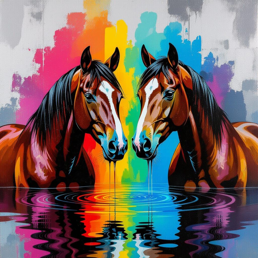 Horses in Transparent Pool, Graffiti Art Style