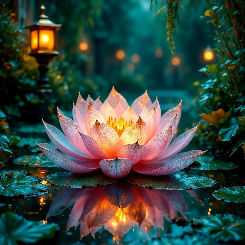 Neon Lotus Blooms in Futuristic Pond