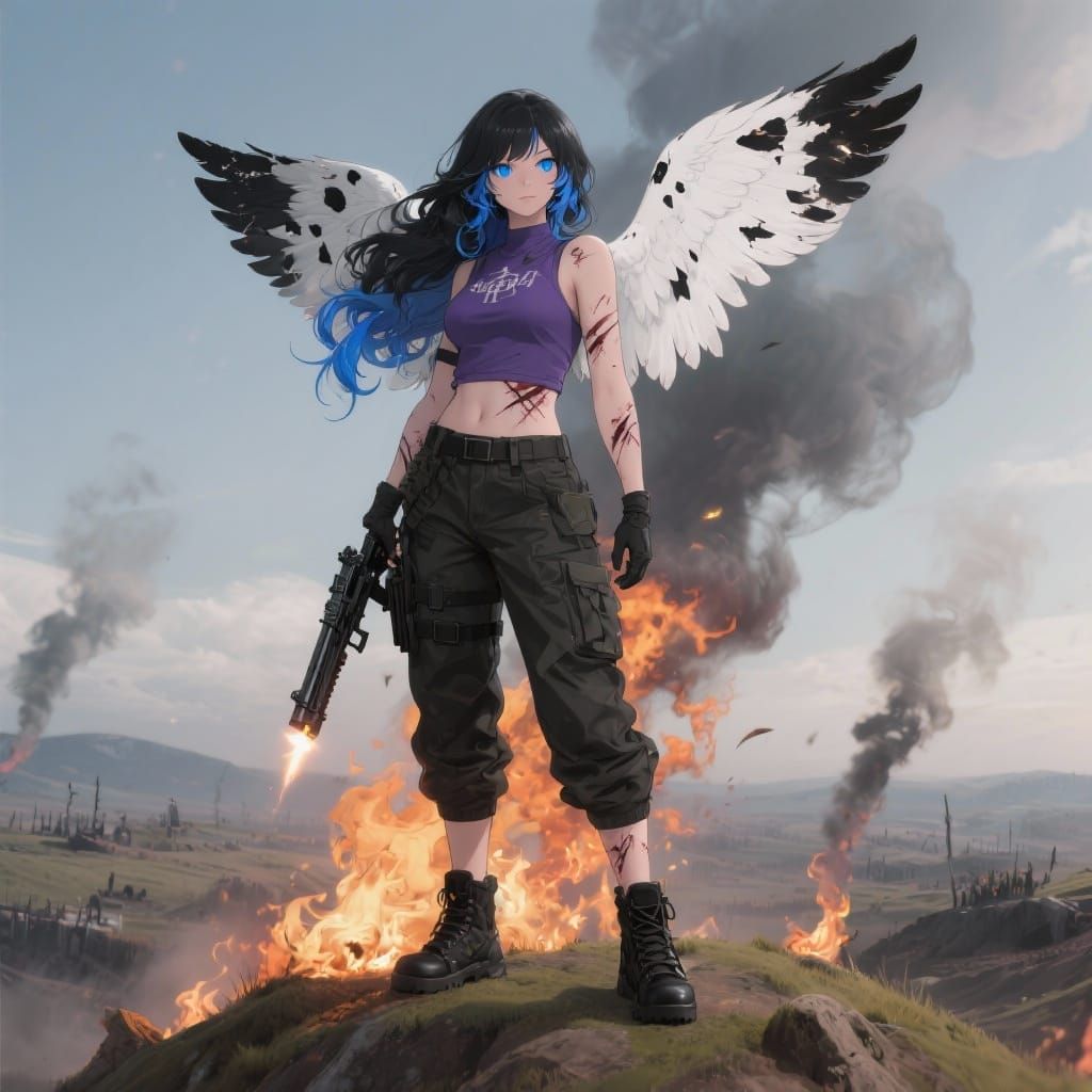 A female Angel with a shotgun. She has white and black spotted wings with feathers missing in random places. Her hair is black/blue and is l...