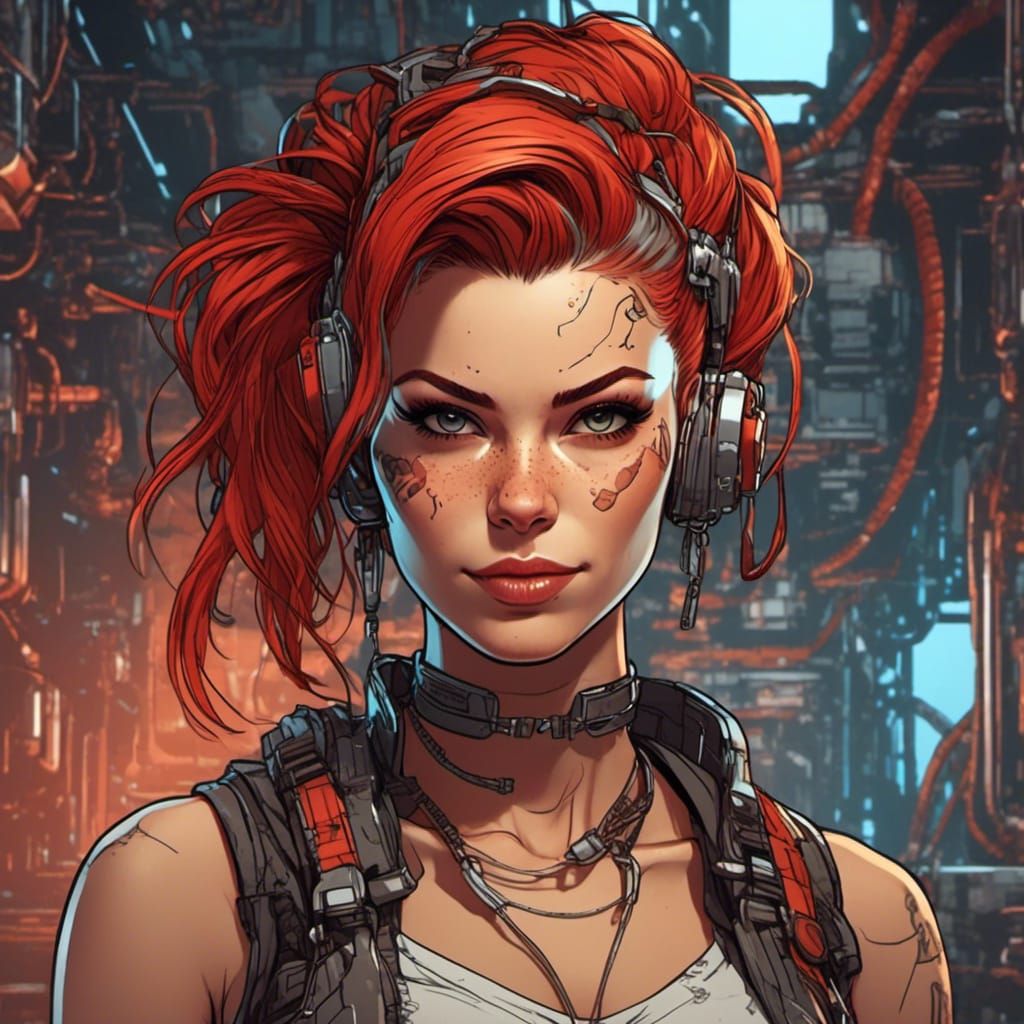 <lora:Gutterball:1.0> Close up headshot portrait Gorgeous smirking relaxed pin up cyborg girl in attractive sci fi tank top outfit, red wiri...