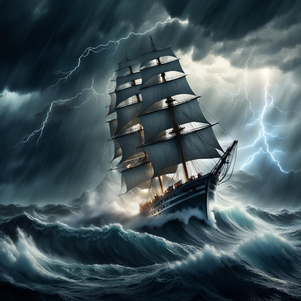 High sea and very strong winds punishing the sail ship that tries to pass through the stormy waters of ...  by @Apilas