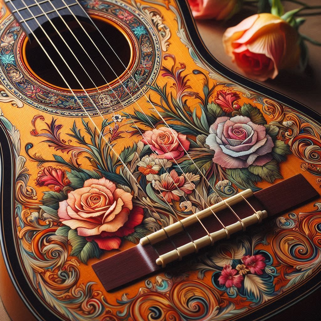 A Spanish Guitar with Floral Artwork