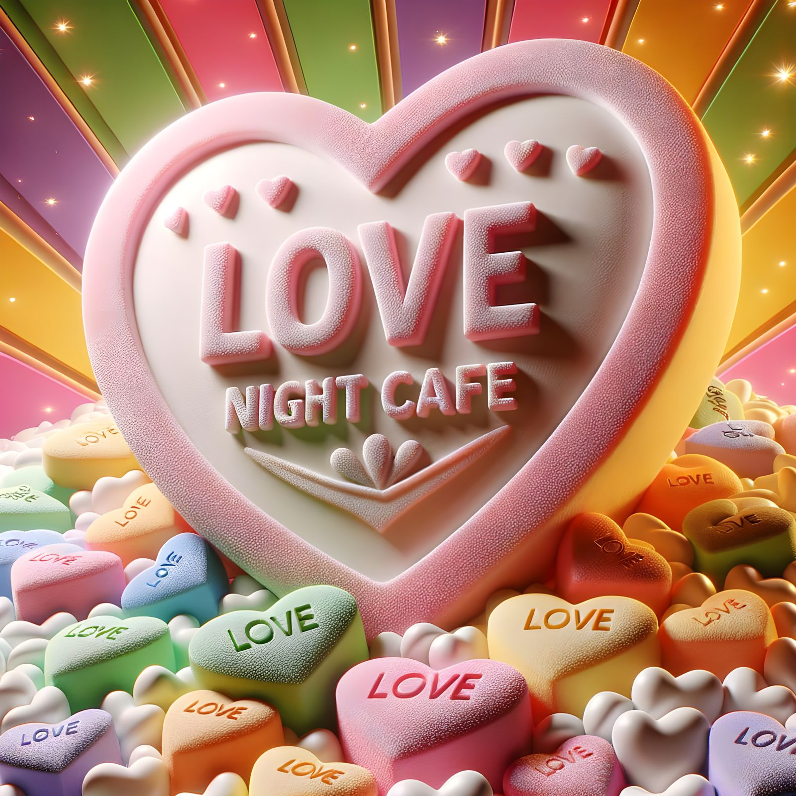 A sweet candy heart with the words love nightcafe written on the heart, smaller hearts around the large ...  by @Irene