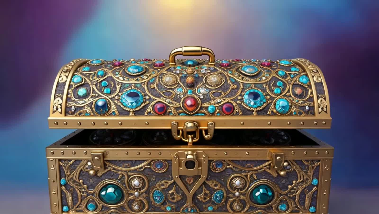 Un cofre antiguo, cubierto de pedrería, se abre lentamente y surge una luz blanco dorada llena de palabras hermosas como...