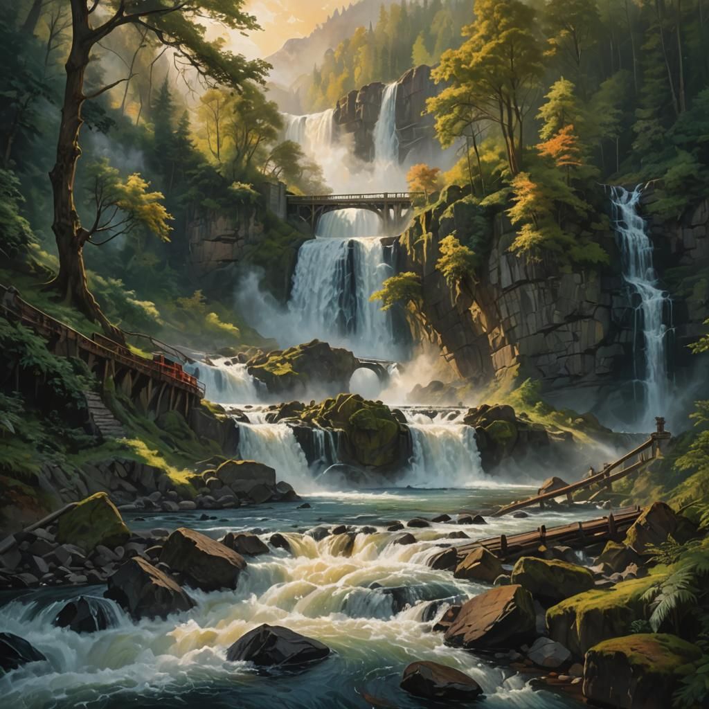 Waterfall and Train Bridge in Fantasy Landscape