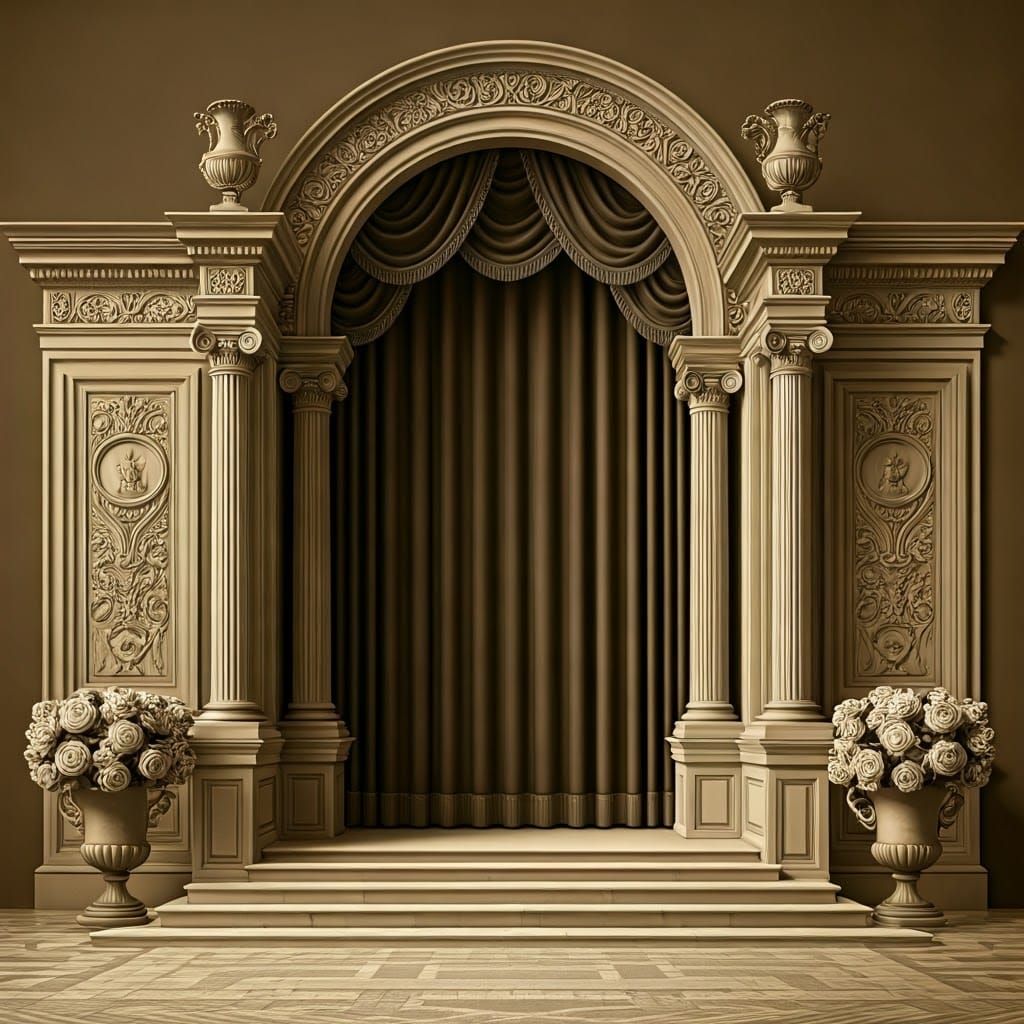 Elegant Baroque Frame with Velvet Curtain and Marble Steps