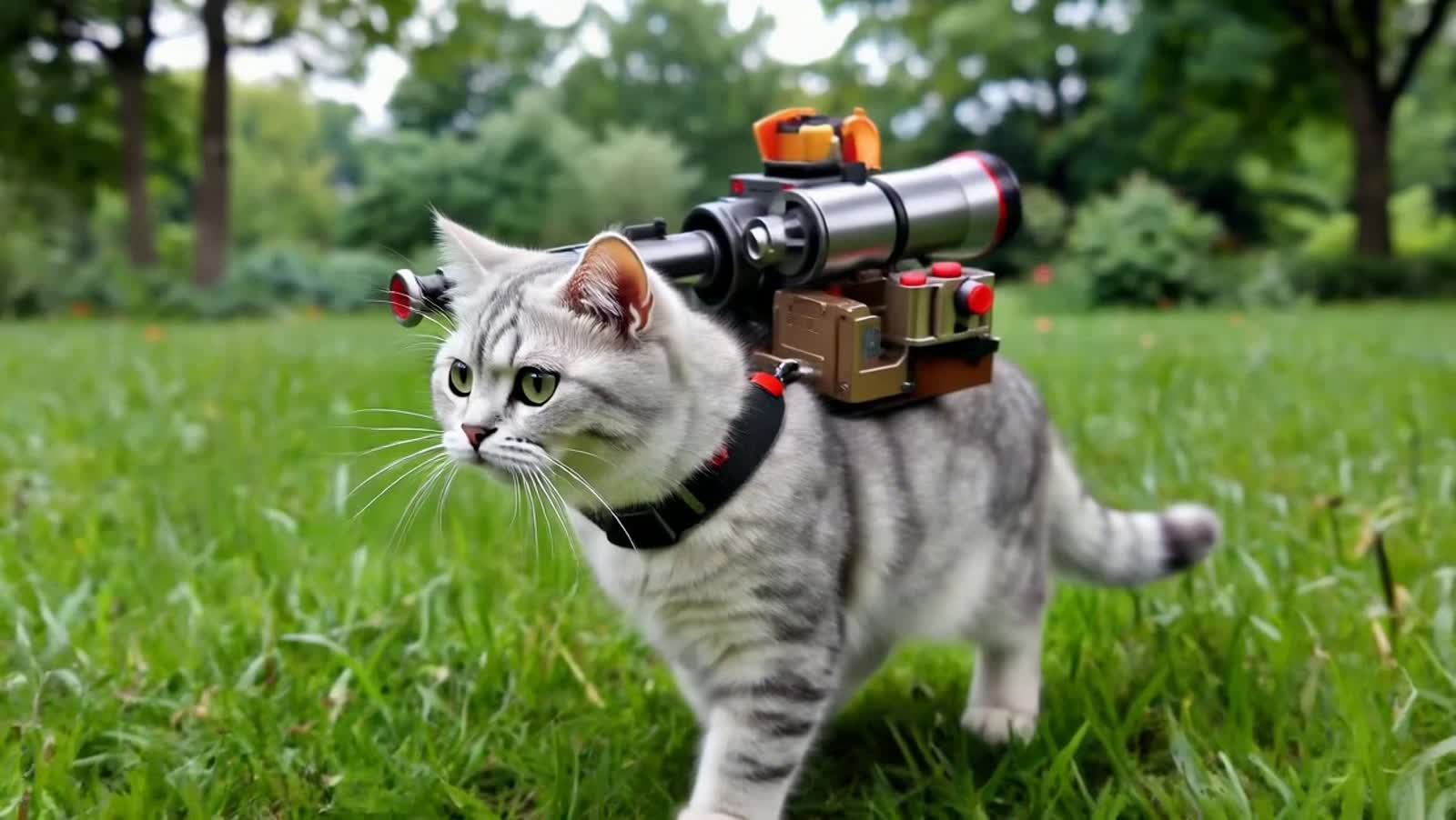 A cat with a minigun with a nuke on his back